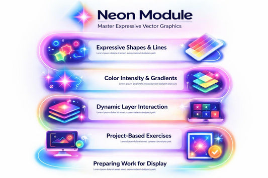 Neon Module graphic with colorful elements on a white background