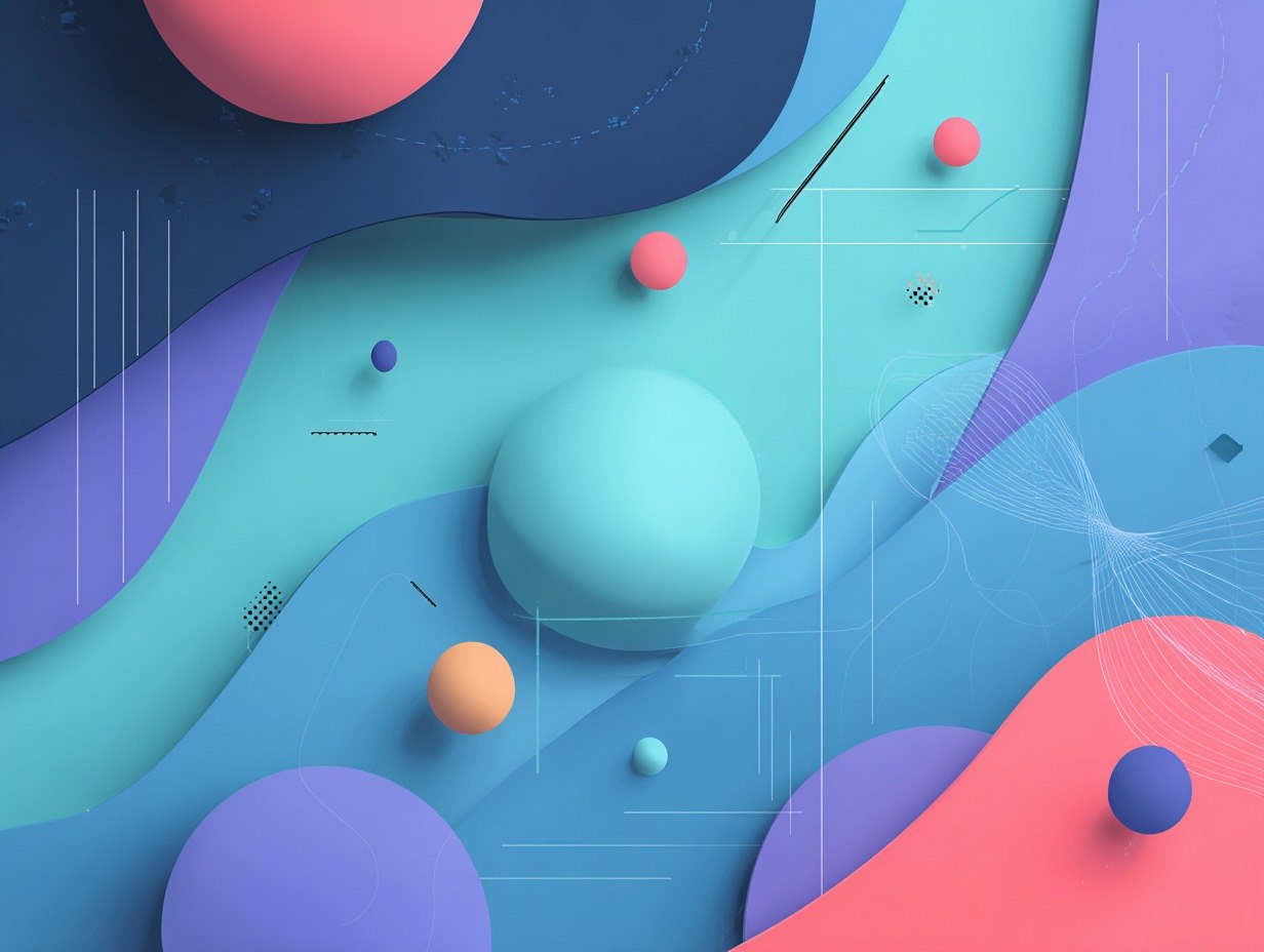 Colorful 3D geometric shapes on a blue background
