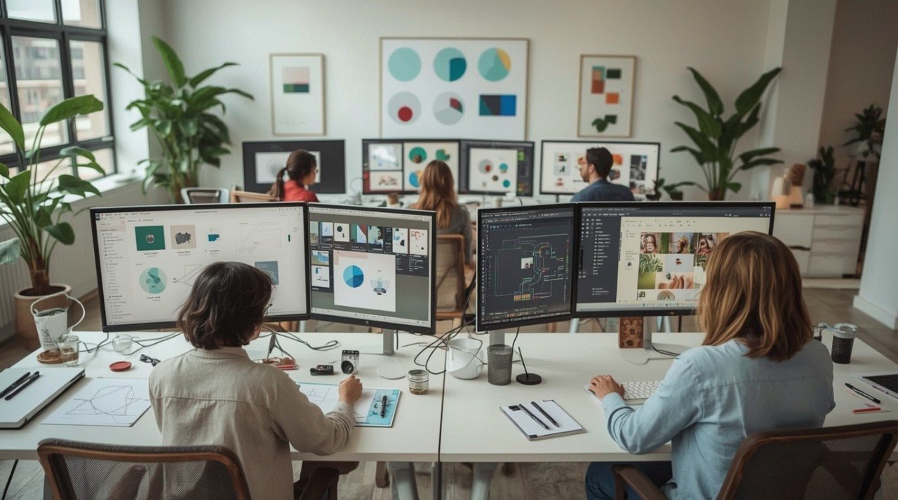 Two people working at a desk with multiple computer monitors in a modern office setting.