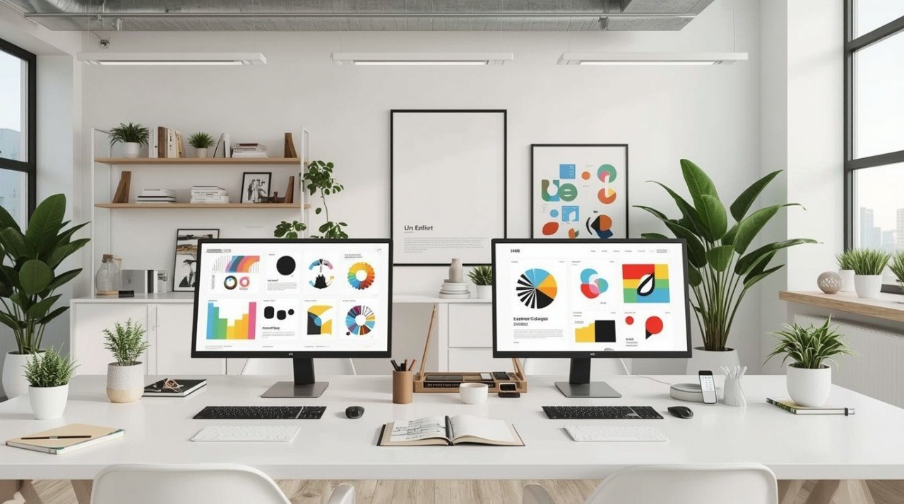 Modern office setup with two computer monitors on a desk, surrounded by plants and office supplies.