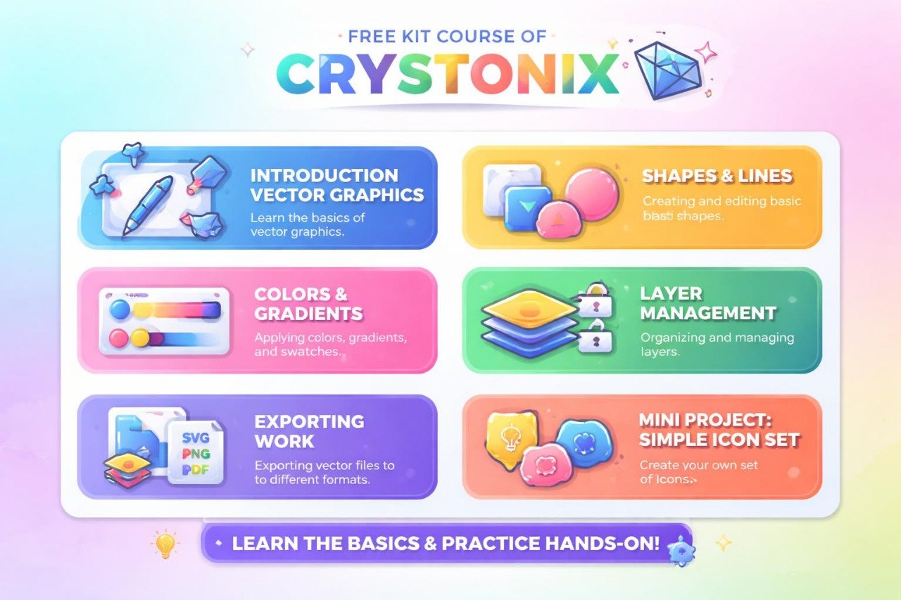Crystonix free kit course with colorful modules on a gradient background