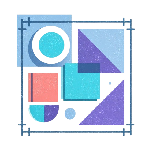 Geometric shapes in blue, purple, pink, and white on a light blue background