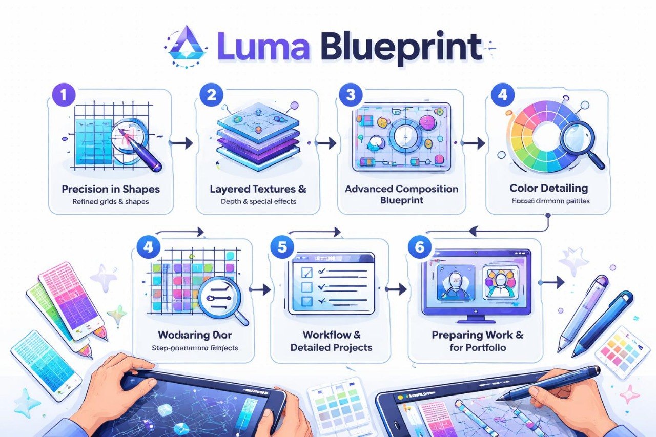 Luma Blueprint software features with hands using digital devices on a white background