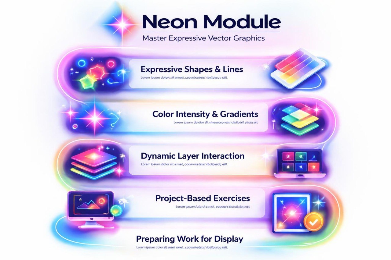 Neon Module graphic with colorful elements on a white background