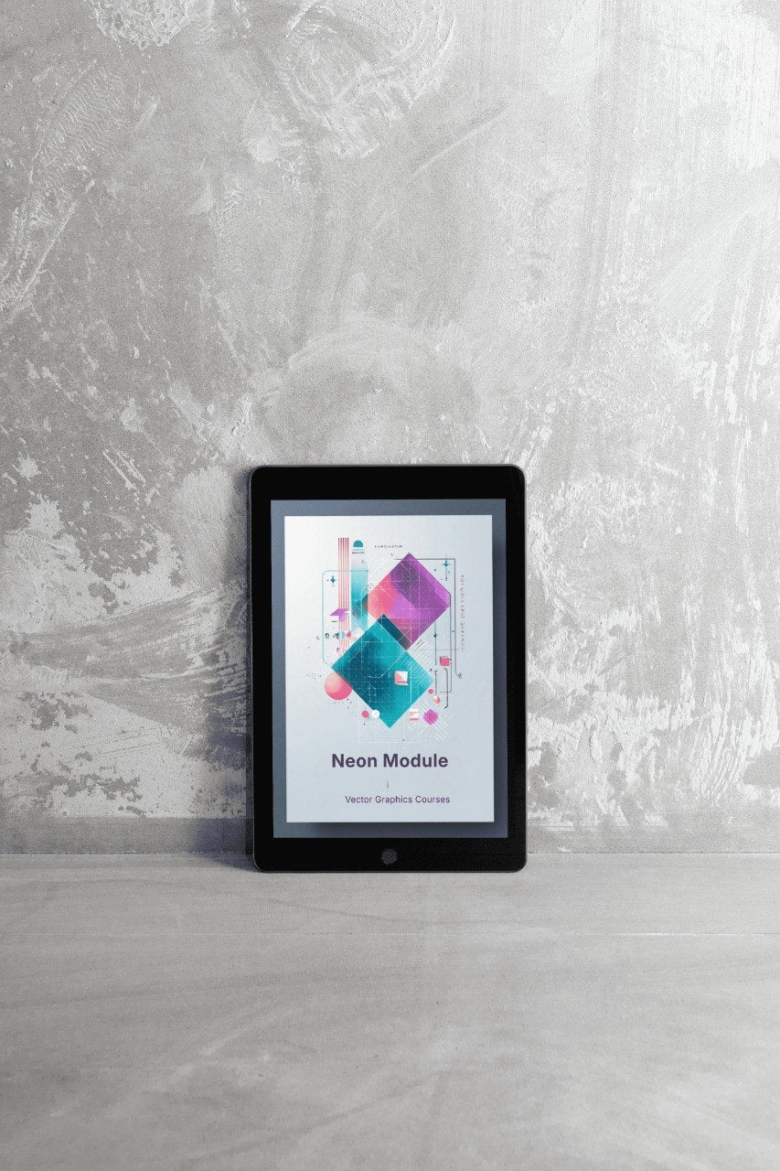 Digital tablet displaying a colorful app interface on a gray textured surface