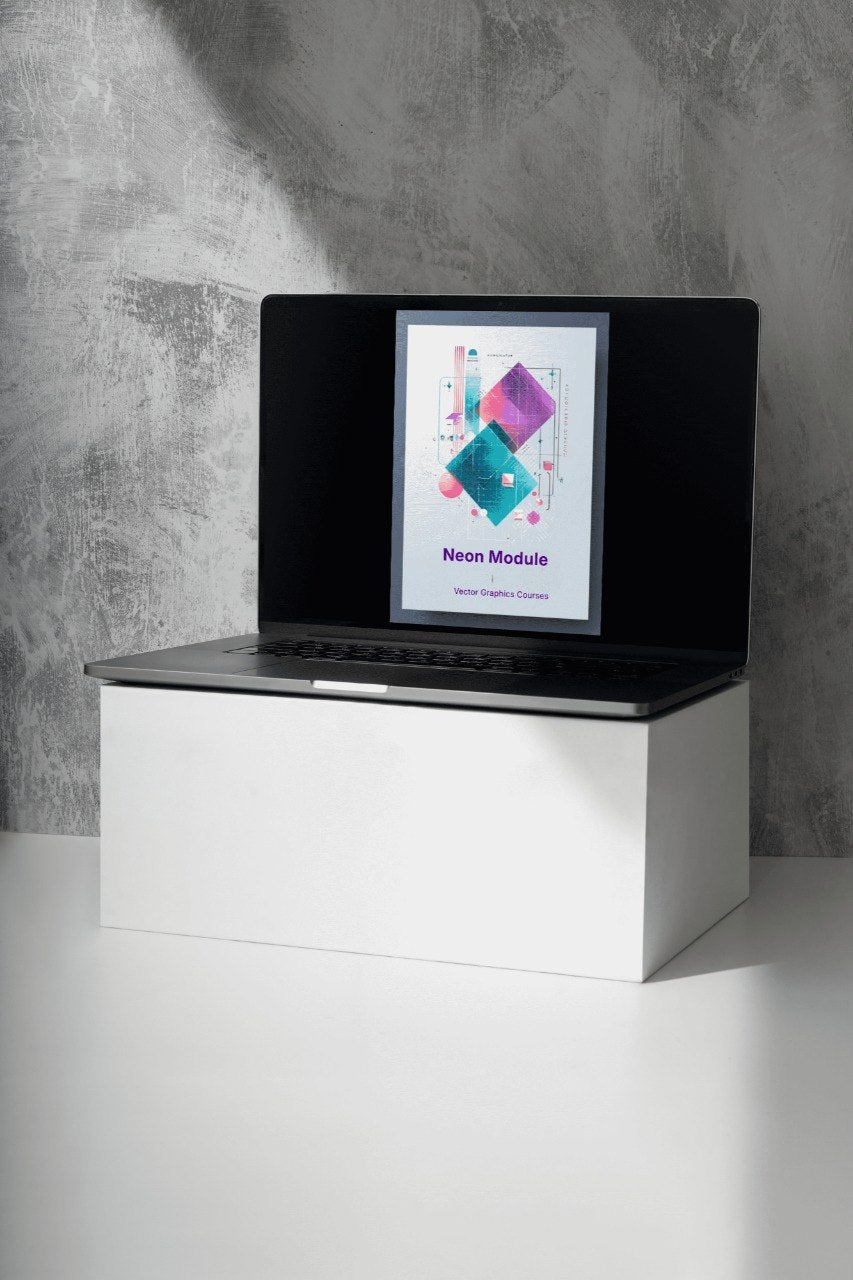 Laptop on a white stand with a screen displaying colorful graphics against a gray concrete wall.
