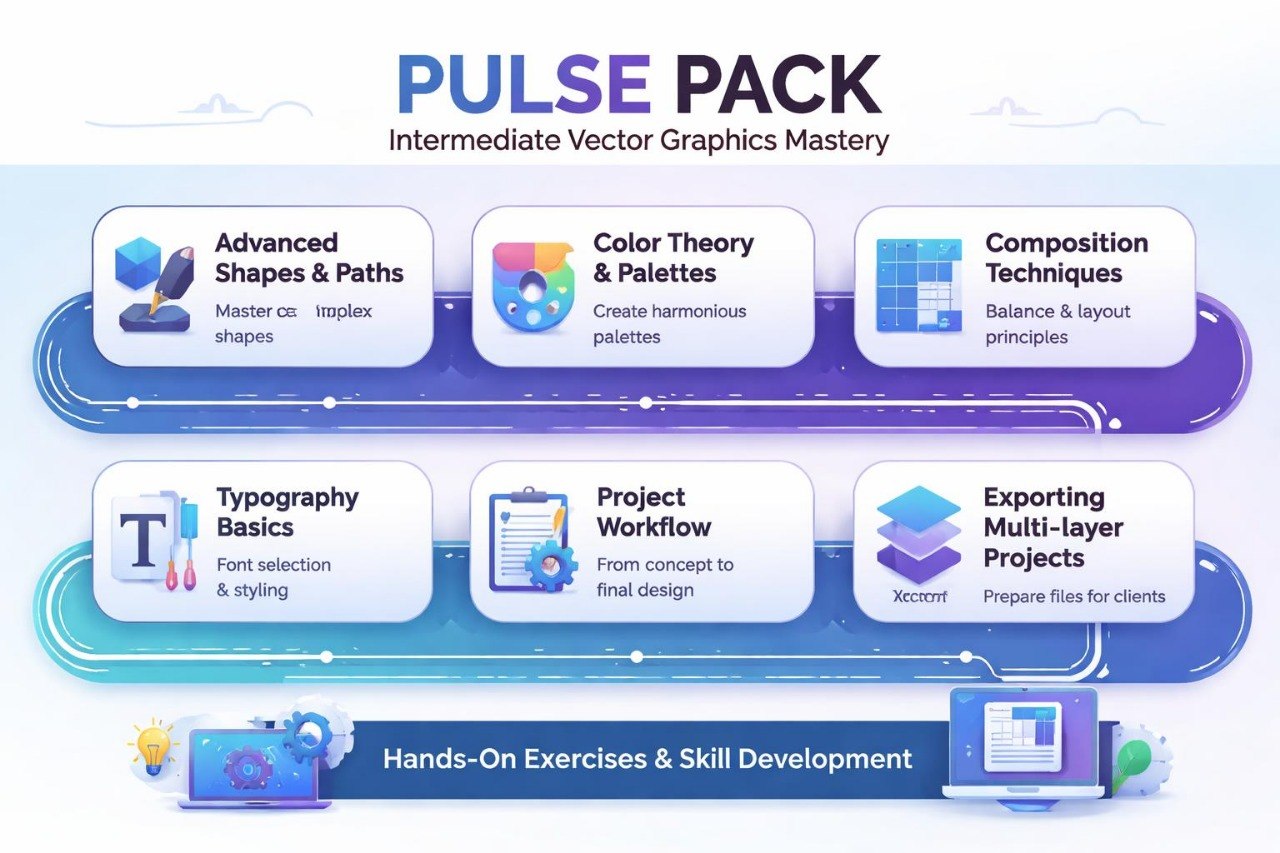Pulse Pack course outline for intermediate vector graphics mastery with various topics.