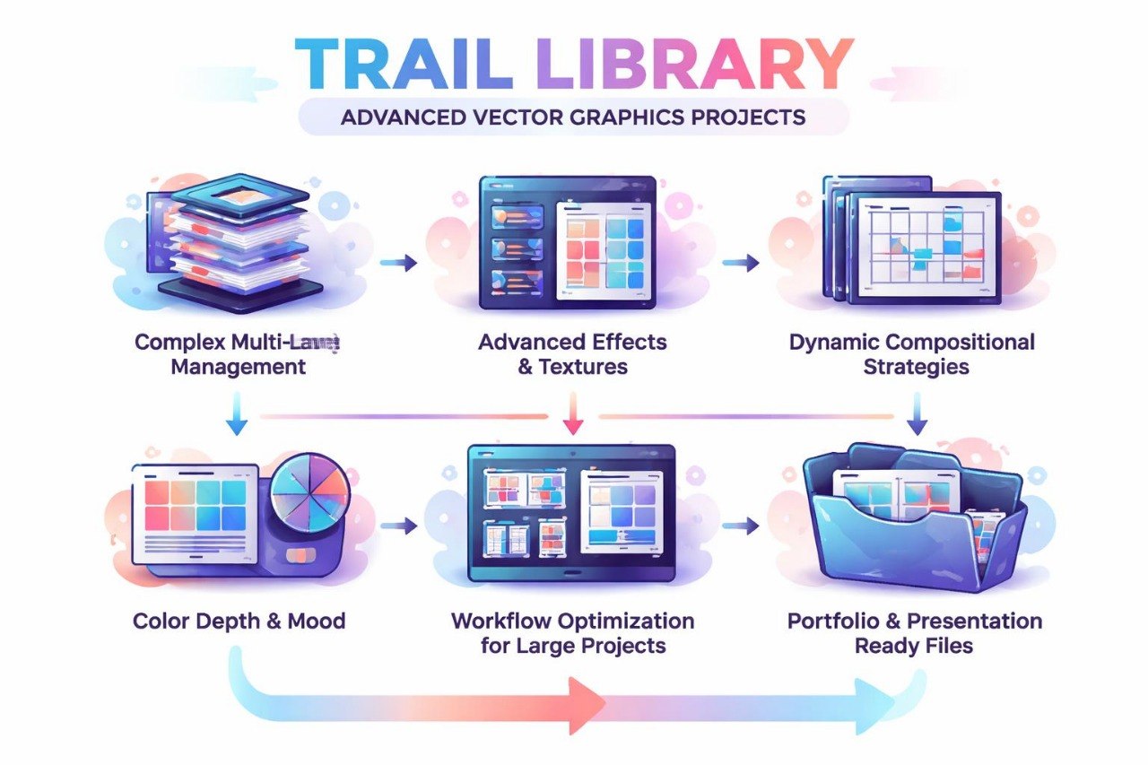 Diagram of advanced vector graphics projects with icons and text on a white background