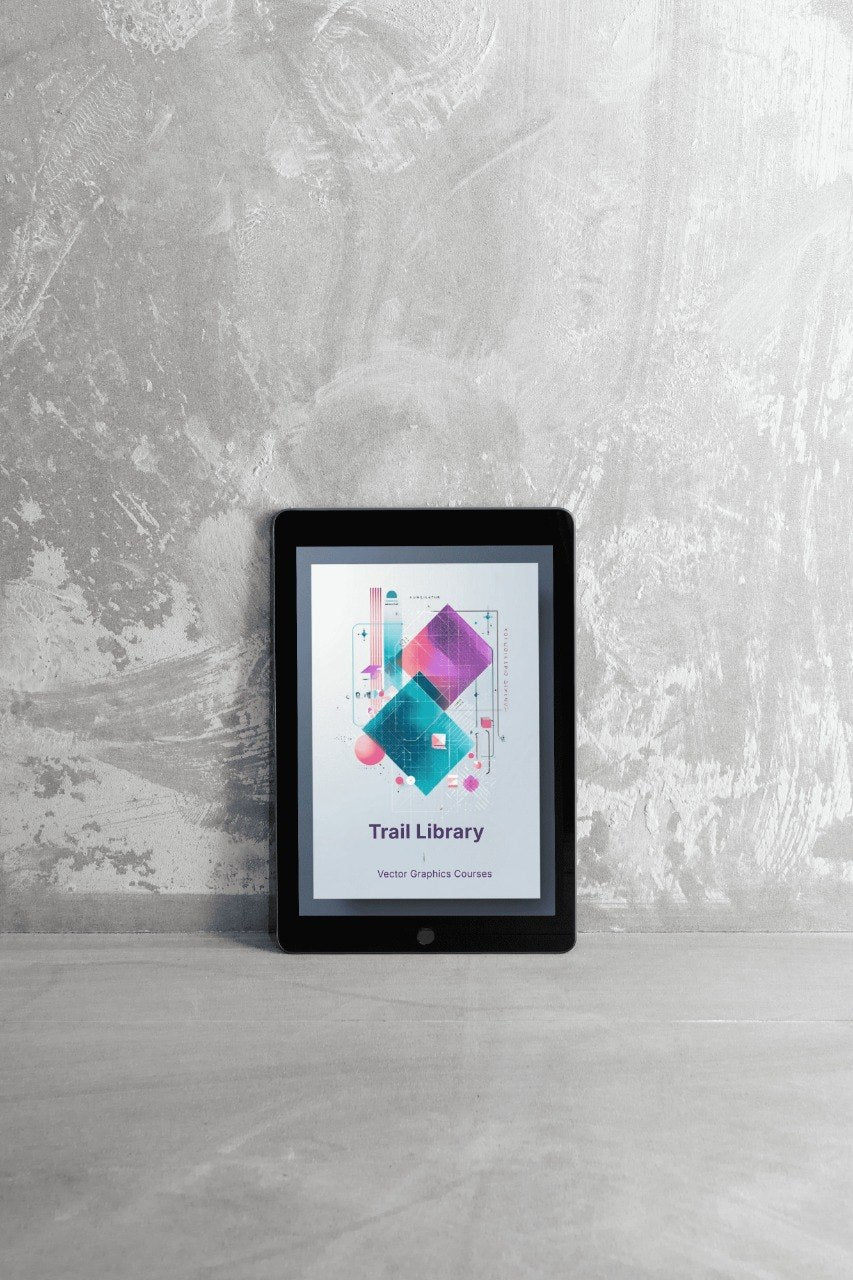 Digital tablet displaying a colorful app interface on a gray surface with a textured wall background