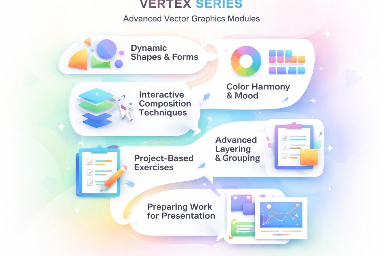 Vertex Series advanced vector graphics modules with colorful icons and text on a gradient background