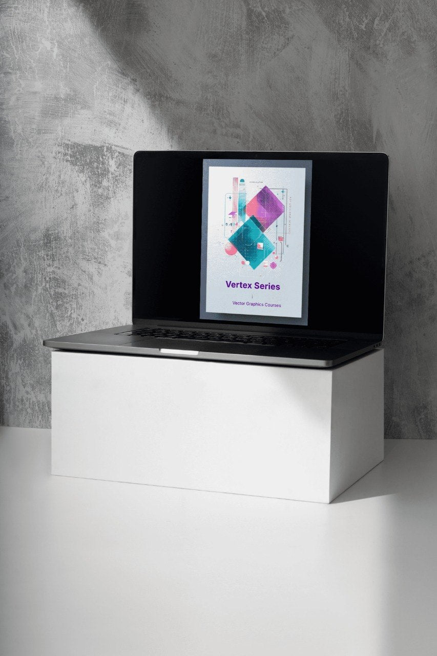 Laptop on a white stand with a gray concrete wall background